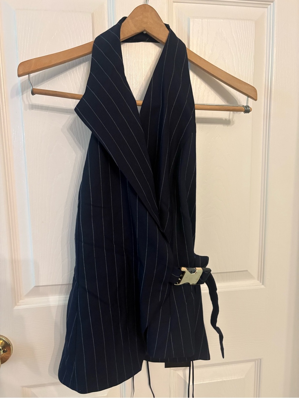 NICHOLAS The Label Dakotah Asymmetric Halter Vest Belted Navy Pinstripe Sz 8 NWT